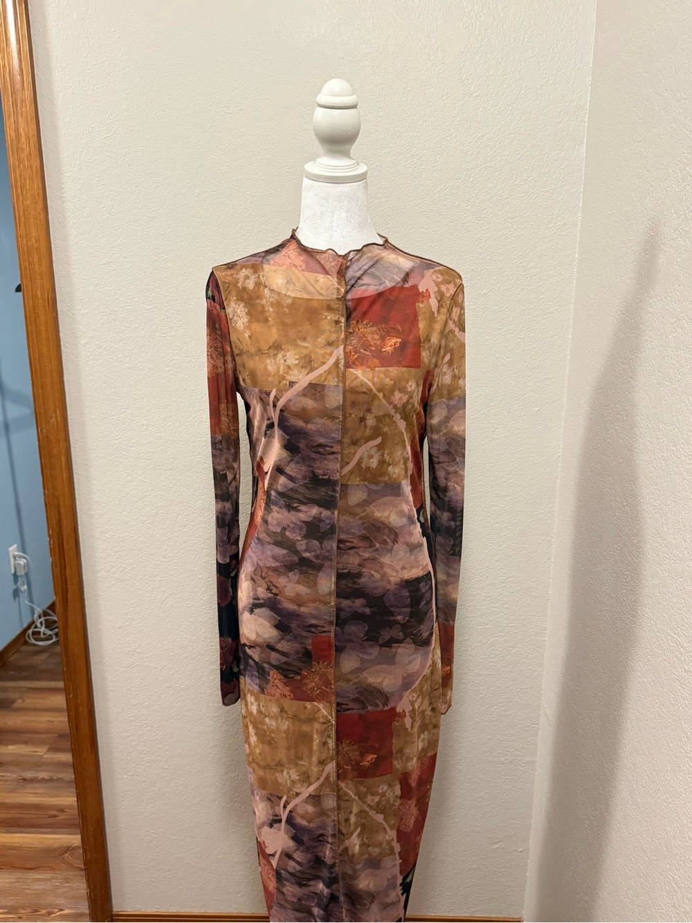 Lulus Mesh Long Sleeve Abstract Print Maxi Dress in Earth Tones